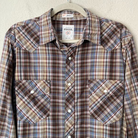 Fossil Plaid Pearl Snap Rodeo Western Cotton Vintage Fit Shirt - Picture 2 of 12